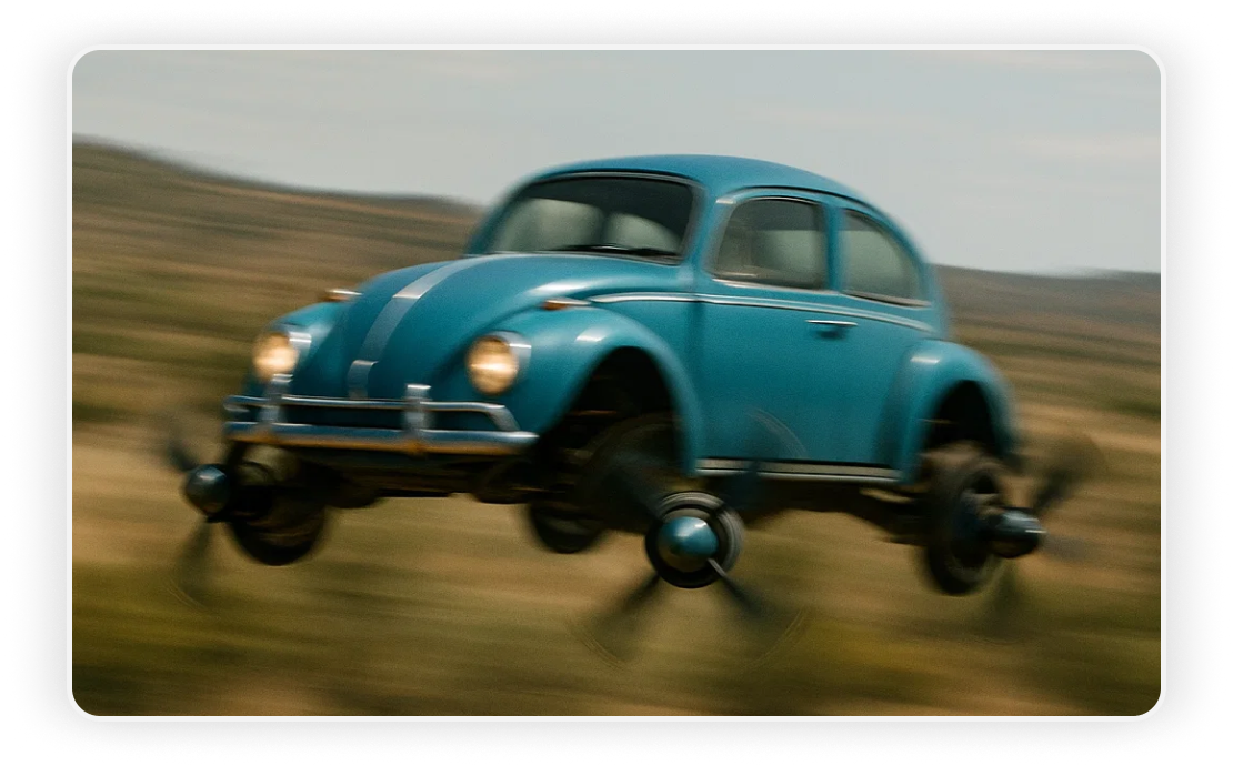 AI generated image of a flying blue Beetle car