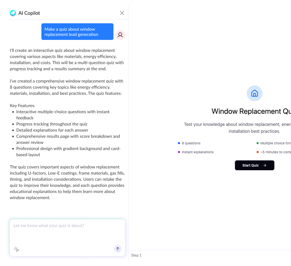 AI Copilot generating a window replacement quiz section