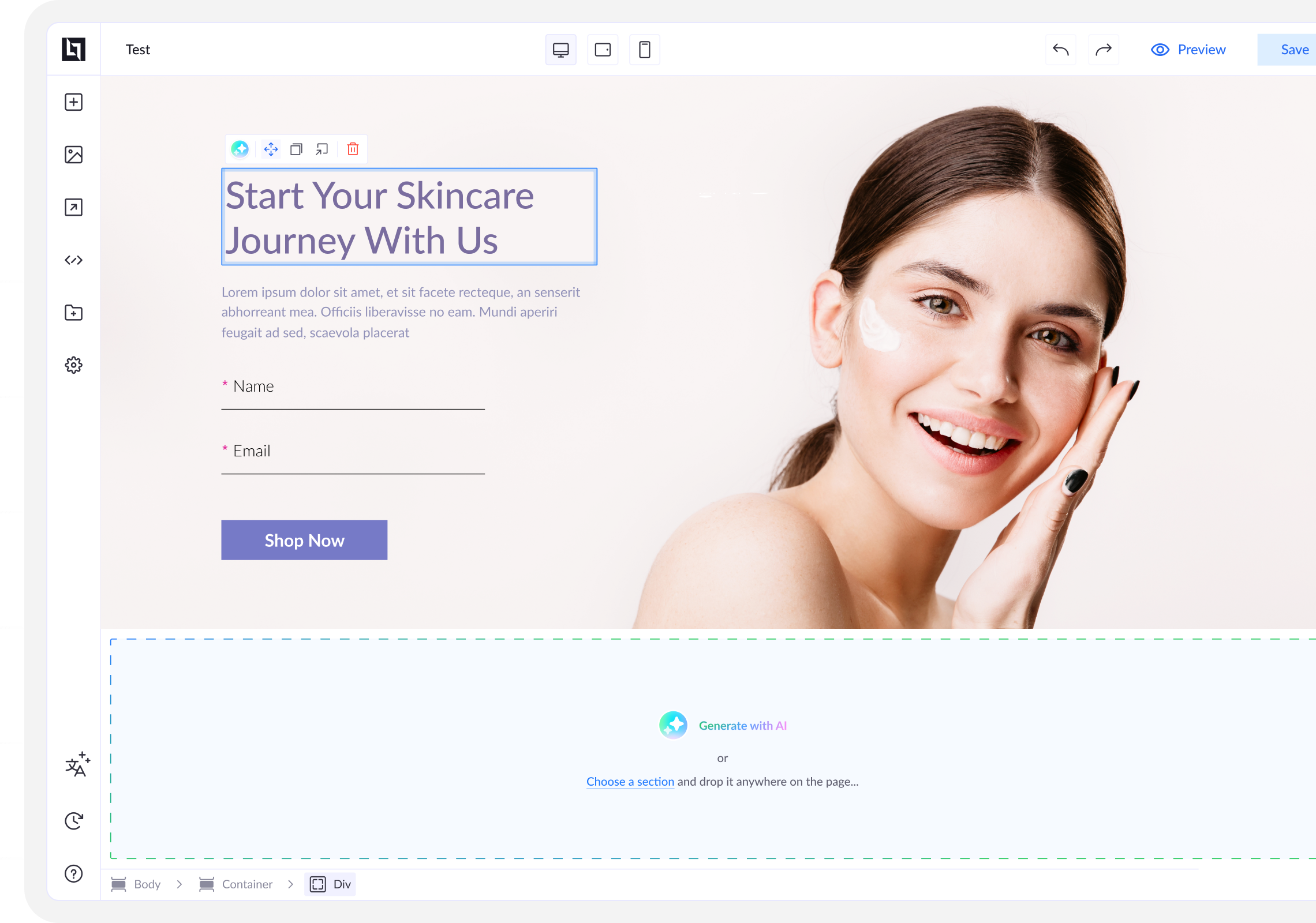 Old LanderLab editor with a skincare landing page