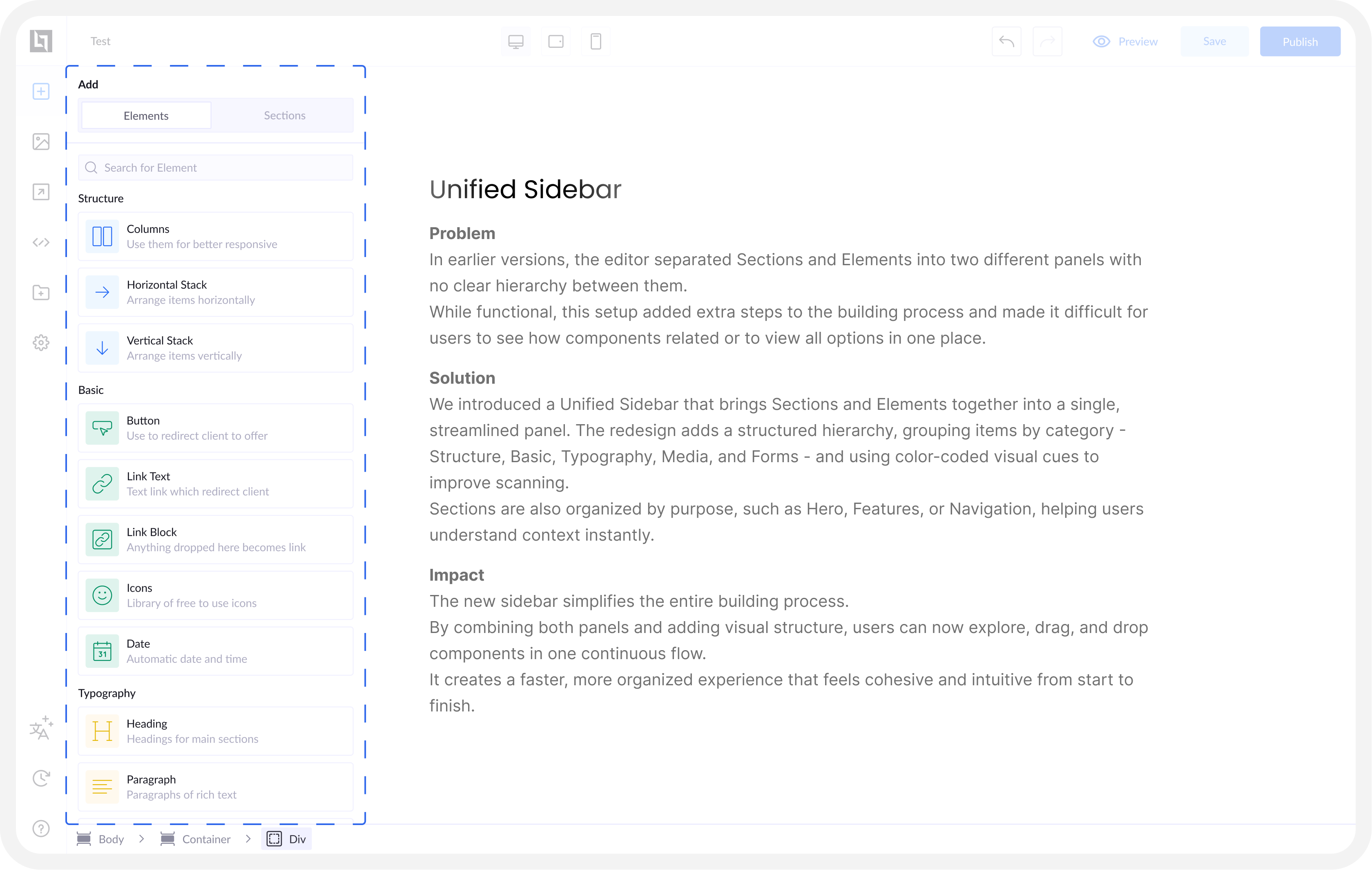 Unified sidebar in the redesigned LanderLab editor