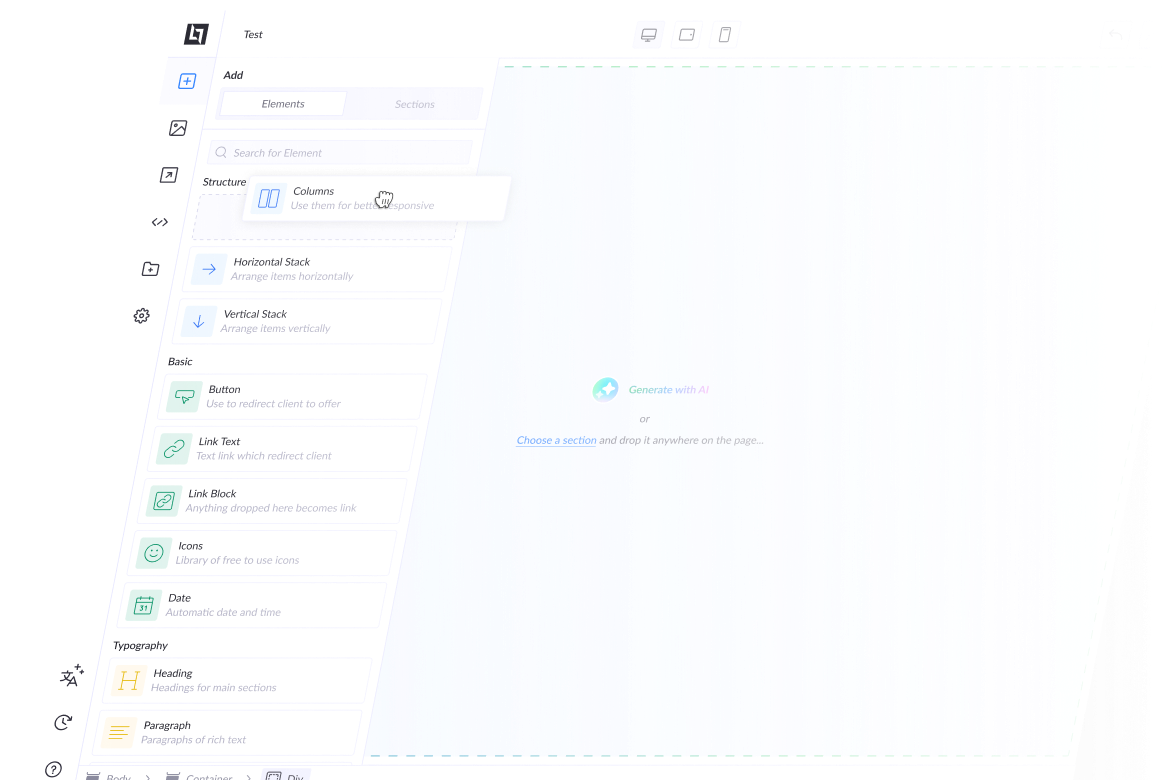 LanderLab editor interface, tilted in perspective