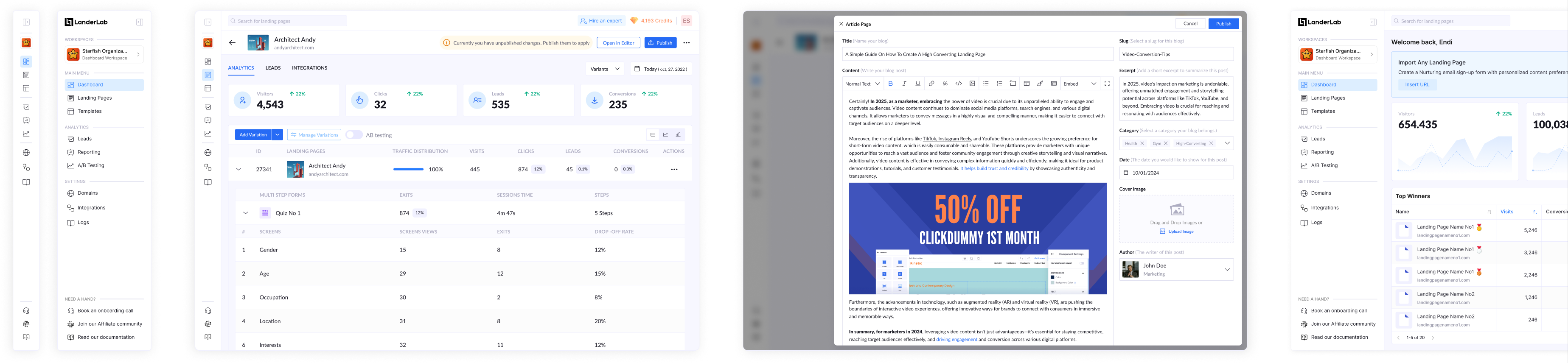 Final LanderLab screens: sidebar, analytics, editor and dashboard