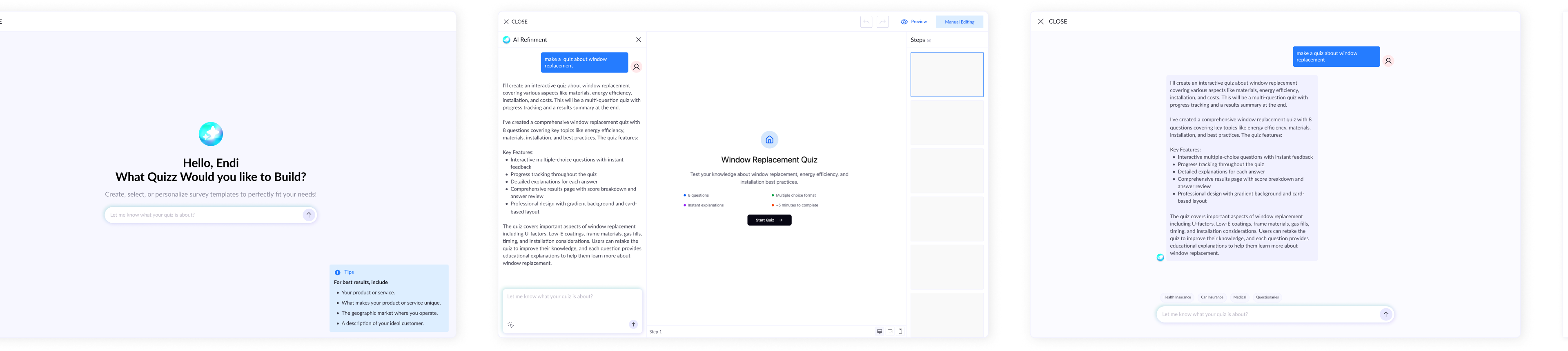 Final LanderLab screens: AI quiz builder and copilot