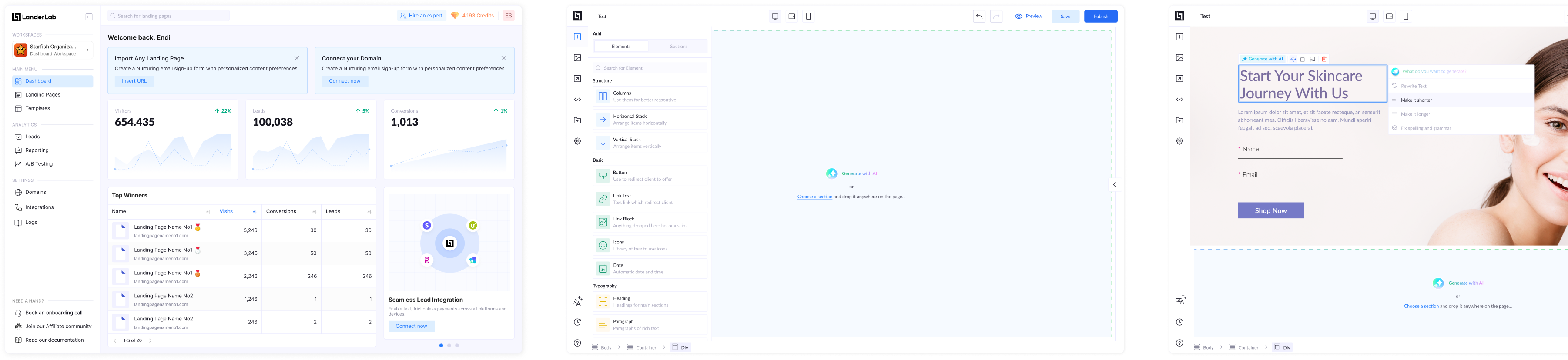 Final LanderLab screens: dashboard and editor