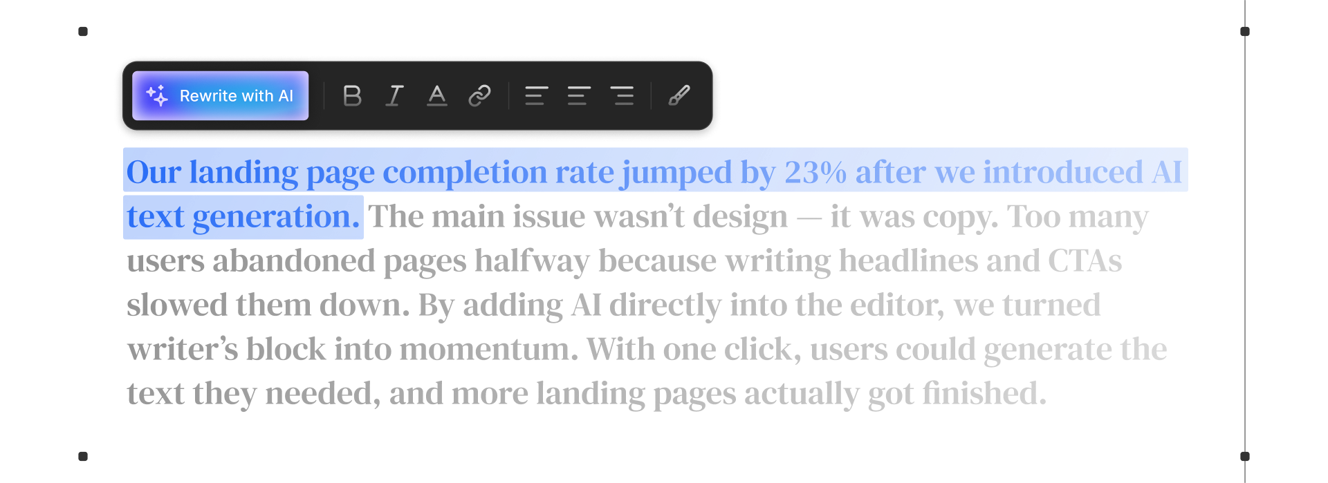 Rewrite with AI toolbar and generated copy in the editor