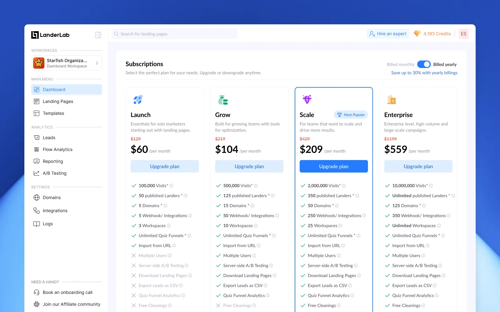 Tiers · subscription plans, Four tiers, monthly/yearly toggle and a feature matrix that stays scannable.