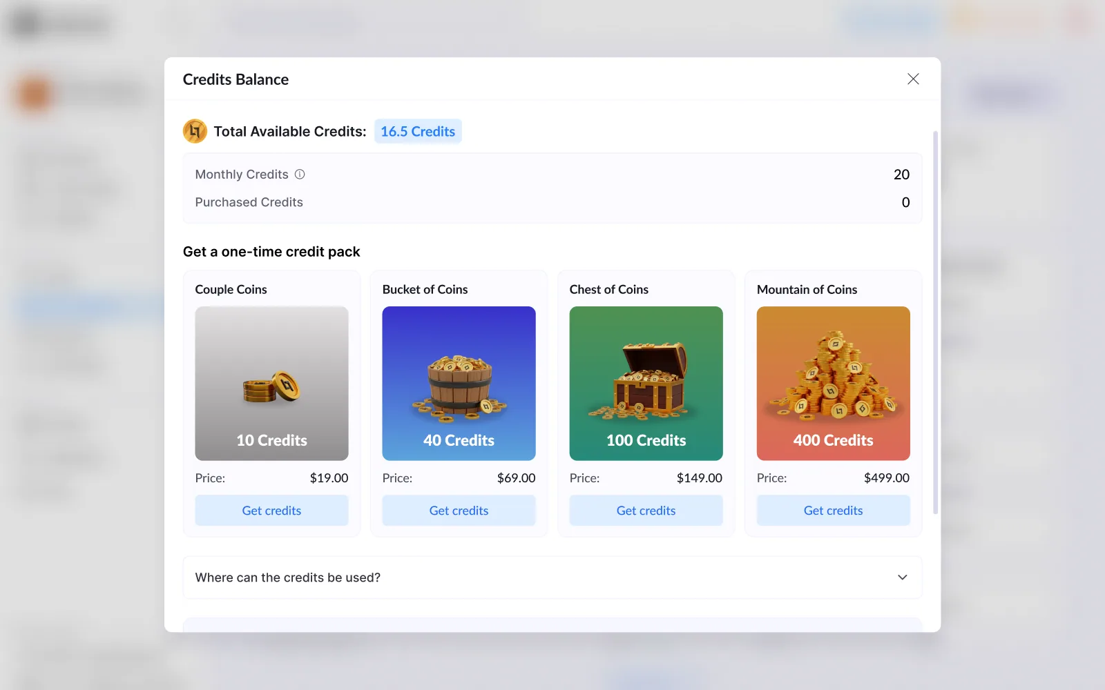 Coin Packs · one-time AI credits, Buying AI credits as playful coin bundles instead of a spreadsheet.