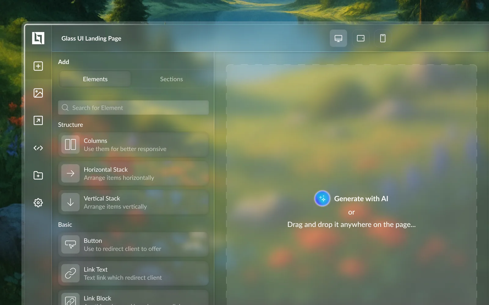 Blank Canvas · generate with AI, The empty canvas invites a prompt or a drag-and-drop section.