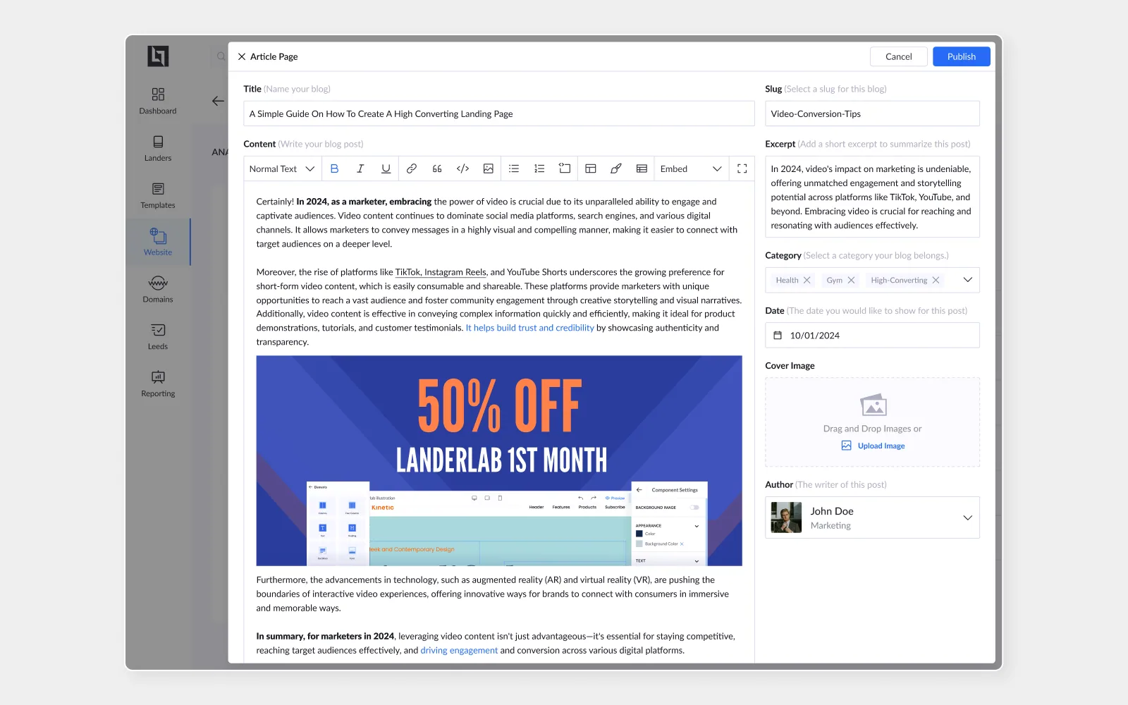 Rich Content · editor page, Rich-text editing with inline imagery and a promo block.