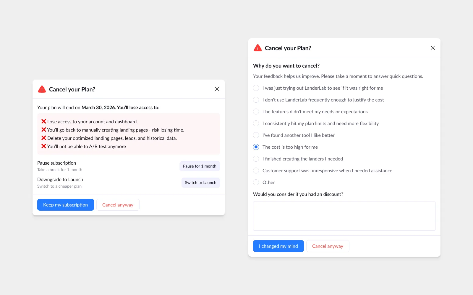 Exit Interview · cancellation flow, A respectful exit survey that surfaces what would make people stay.