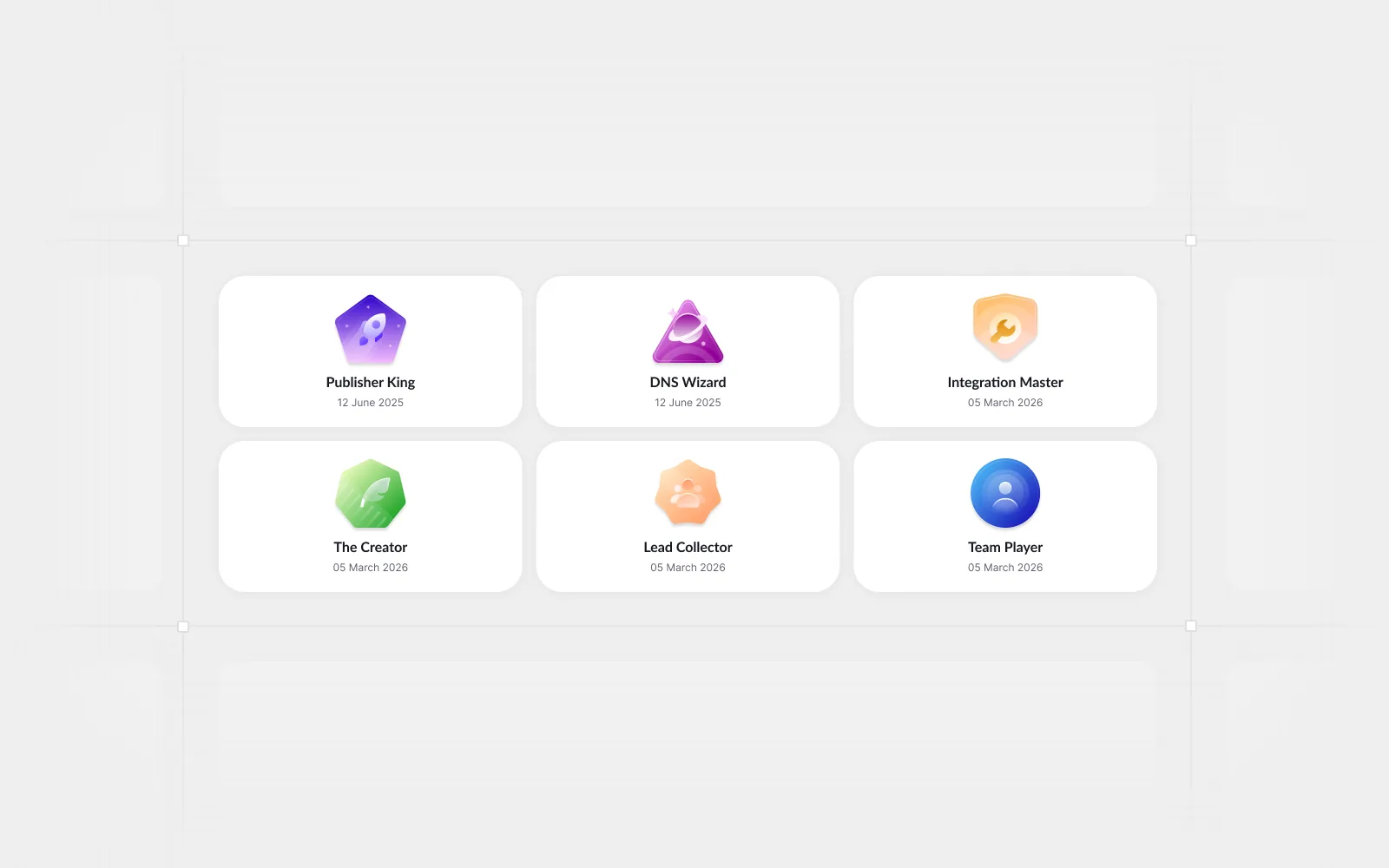 Trophy Case · achievement badges, Gamified badges, Publisher King, DNS Wizard, Integration Master…