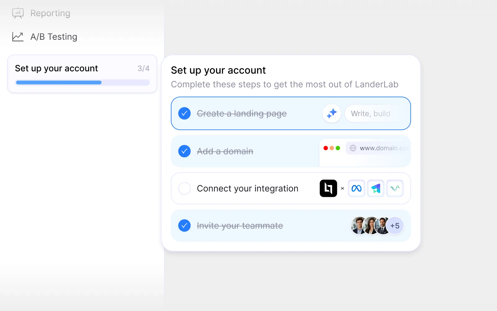 First Five Minutes · onboarding checklist, Four steps from first page to first integration, with progress.