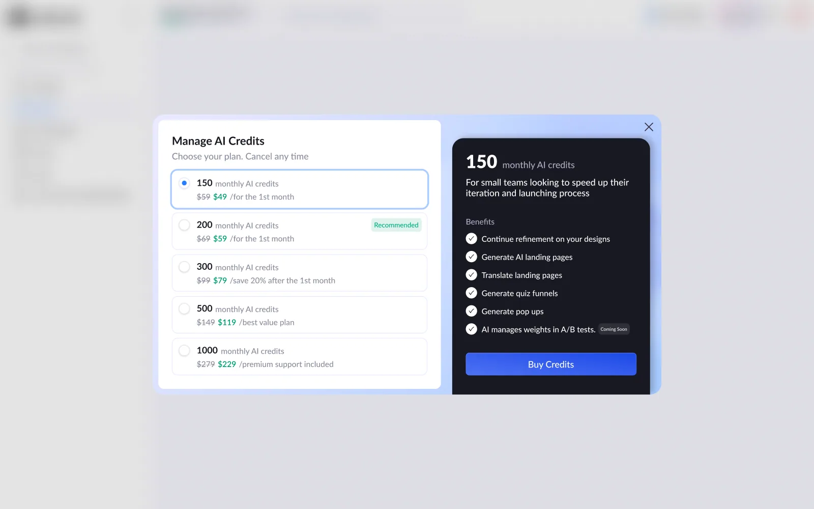 Credit Ledger · AI usage, Usage breakdown per action and a clear top-up path.