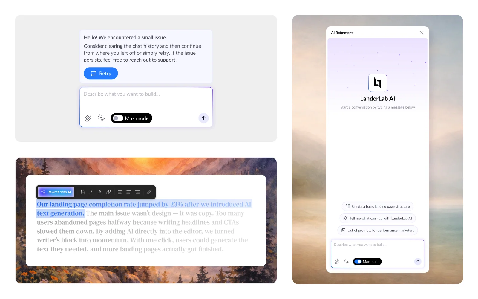 Copilot · AI chat assistant, Light and dark chat surfaces with model picker and file attachments.