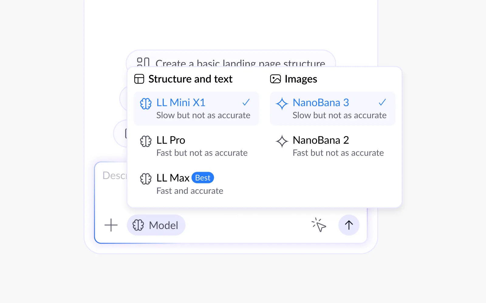 Model Switch · speed vs accuracy, Speed vs. accuracy trade-offs explained in one dropdown.