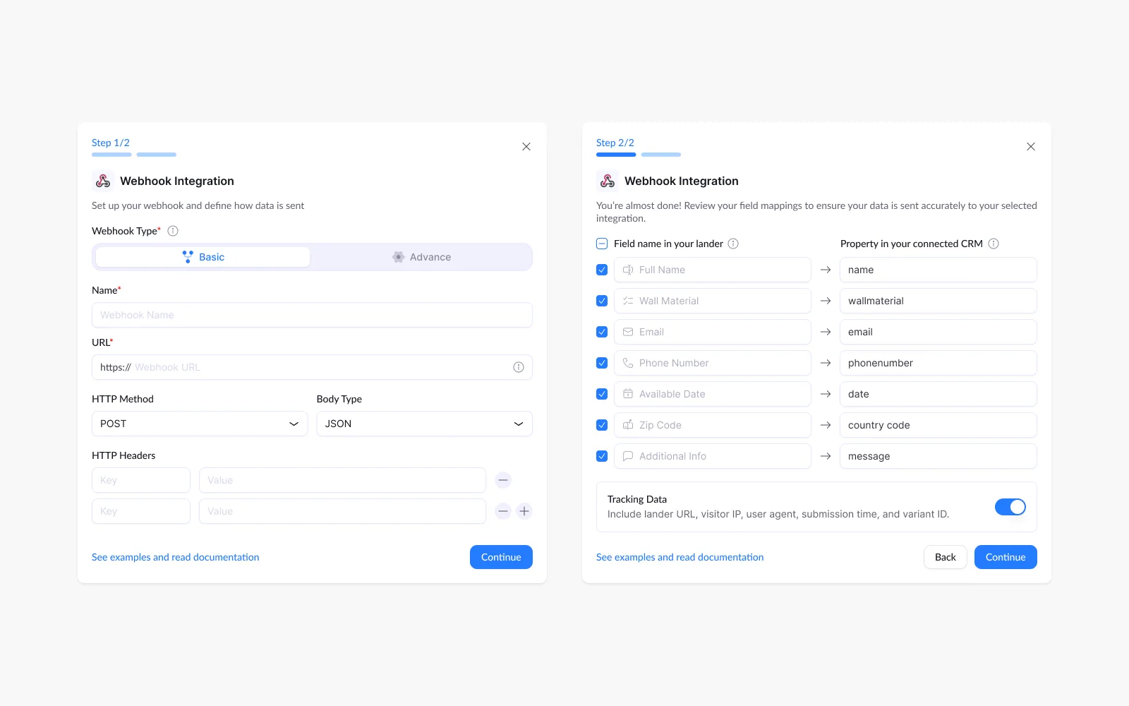 Webhook Setup · integration modal, Field mapping and payload settings without leaving the modal.