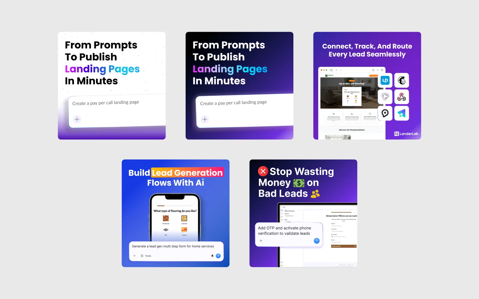 Prompt to Publish · paid social set, Paid-social set: “From prompts to publish landing pages in minutes”.