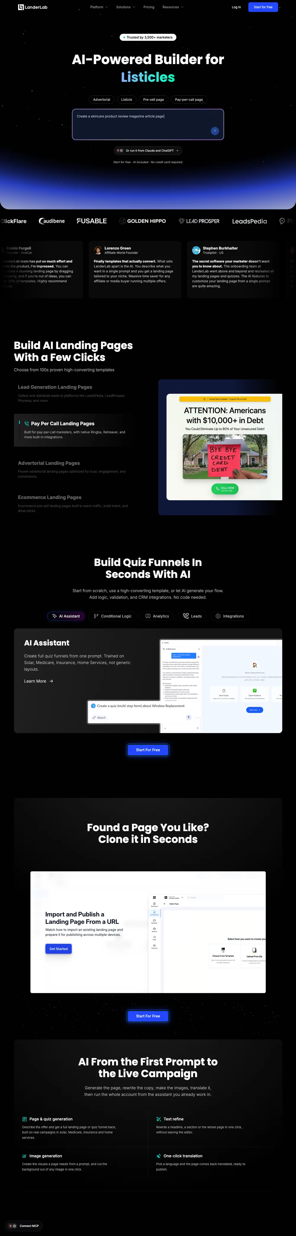 LanderLab.io · marketing site, Hero and product story for the AI-powered funnel builder, built in Webflow.